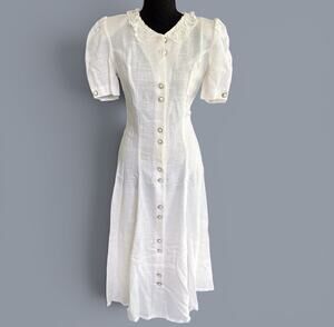 Vtg 90s Picture Me White Midi Dress Small Lace Collar Tie Back Button Front USA